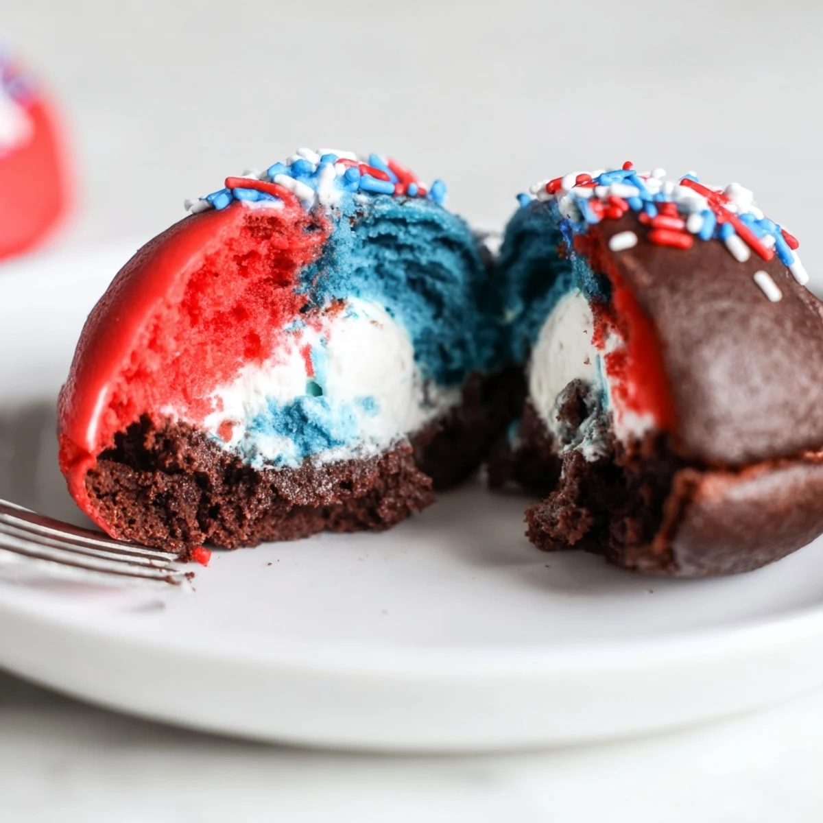 Bite reveals marshmallow center in Patriotic Whoopie Pies, topped with festive sprinkles