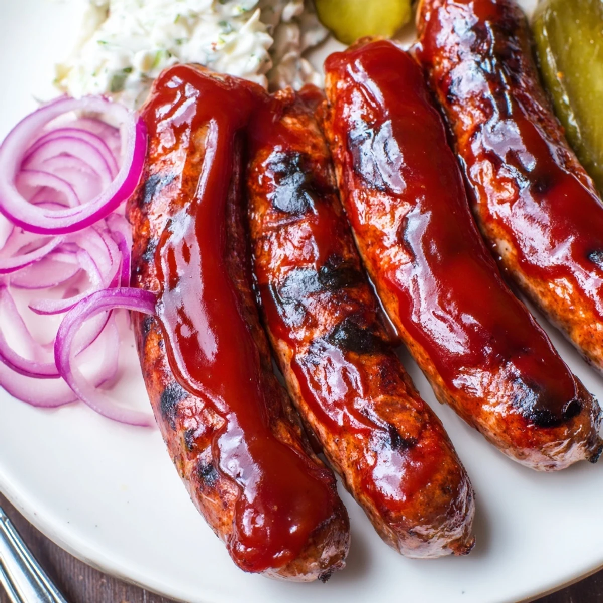 Grilled summer platter featuring BBQ Sausage Recipe with buns, pickles, and coleslaw.