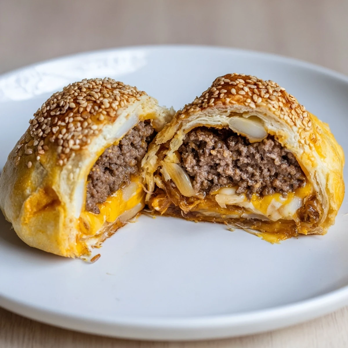Golden biscuit-wrapped Cheesy Cheeseburger Bombs Explosion Recipe steaming, oozing cheddar, served with ketchup