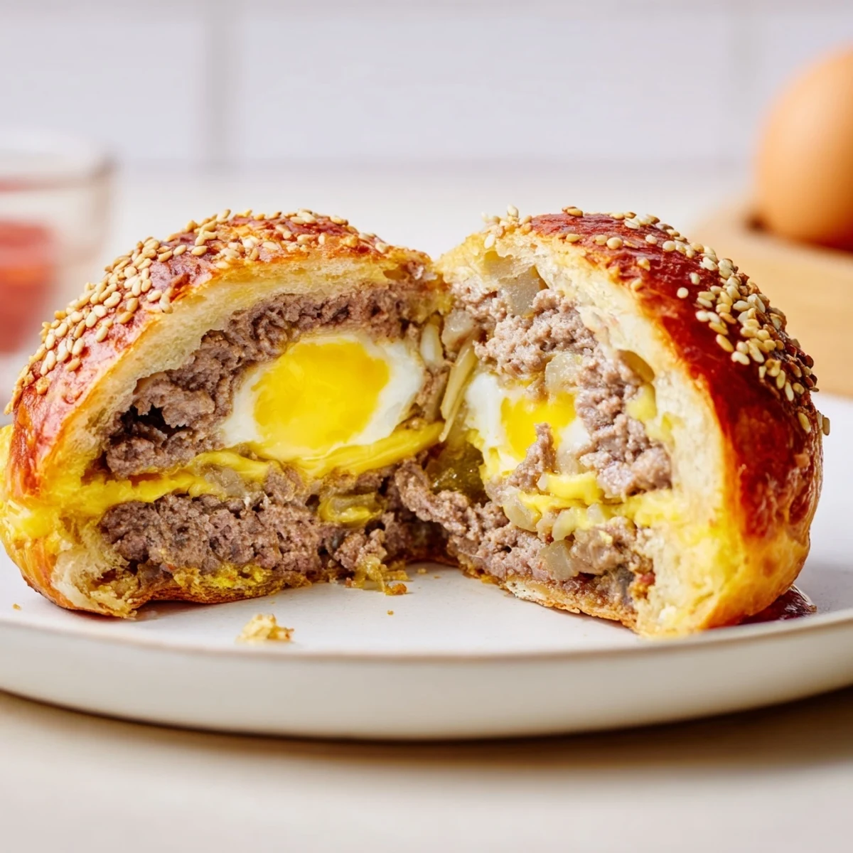 On a baking sheet, Cheesy Cheeseburger Bombs Explosion Recipe with sesame seeds
