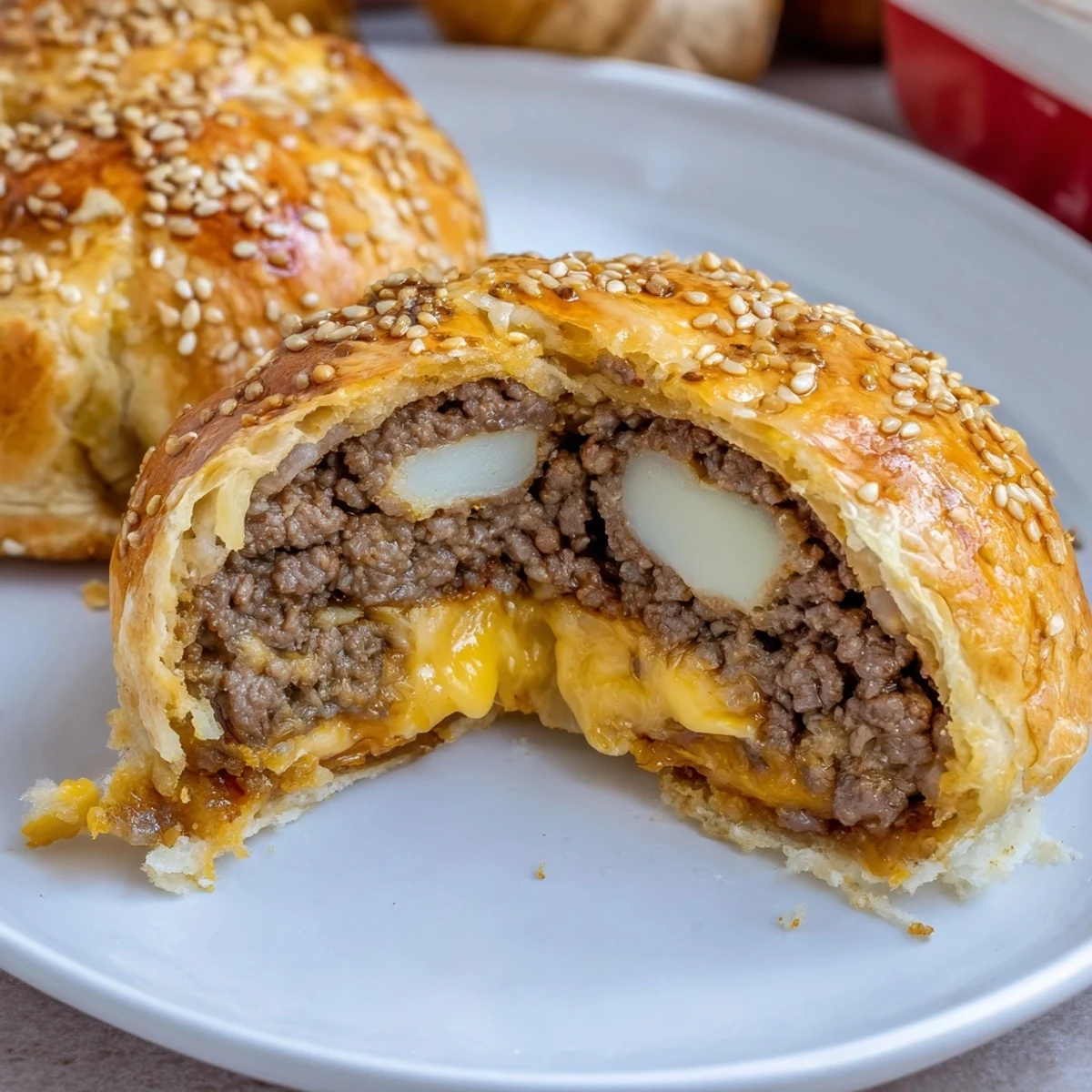 Family-friendly Cheesy Cheeseburger Bombs Explosion Recipe cooling slightly, mozzarella and beef oozing