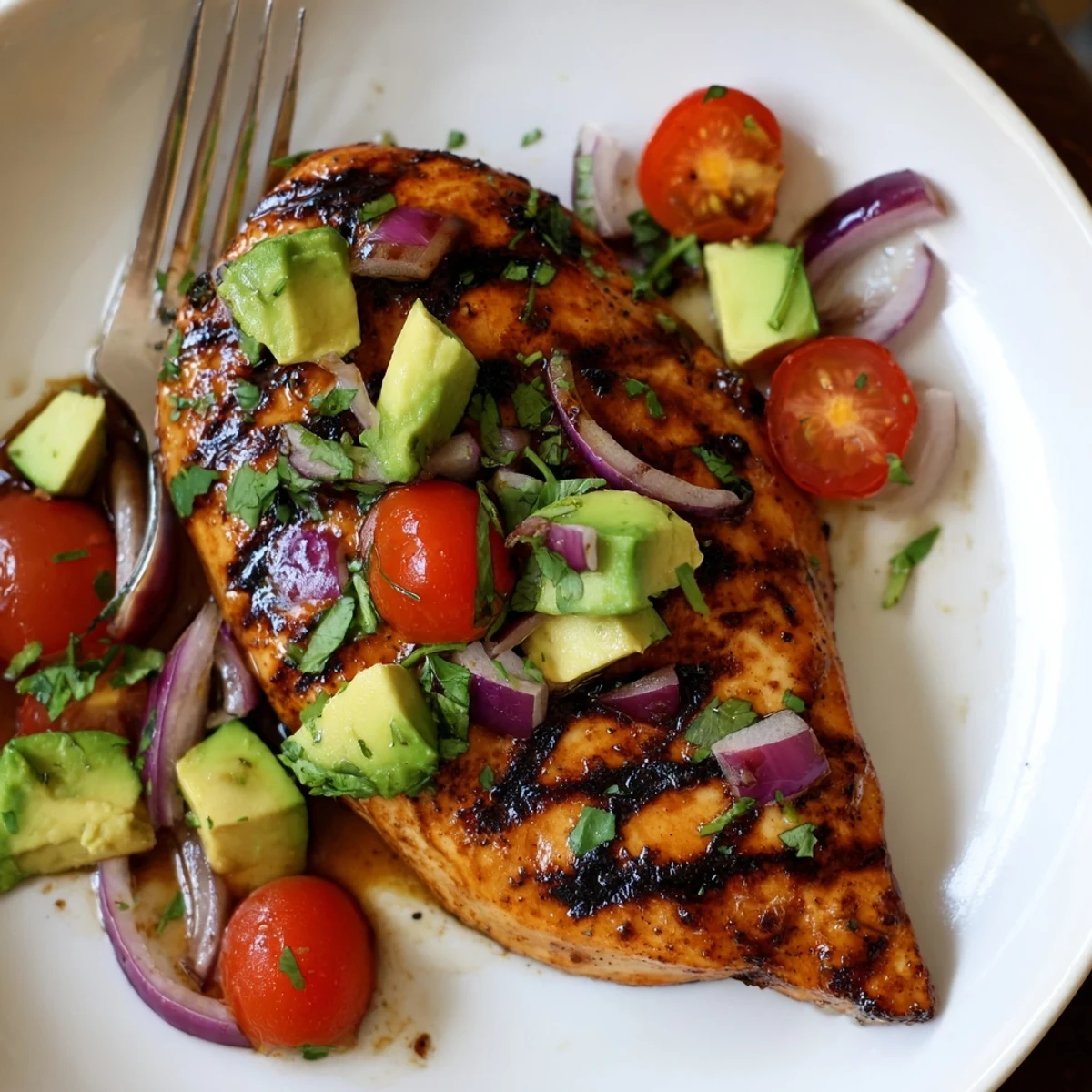 Grilled Fiesta Lime Chicken With Avocado topped with diced cilantro, lime wedge