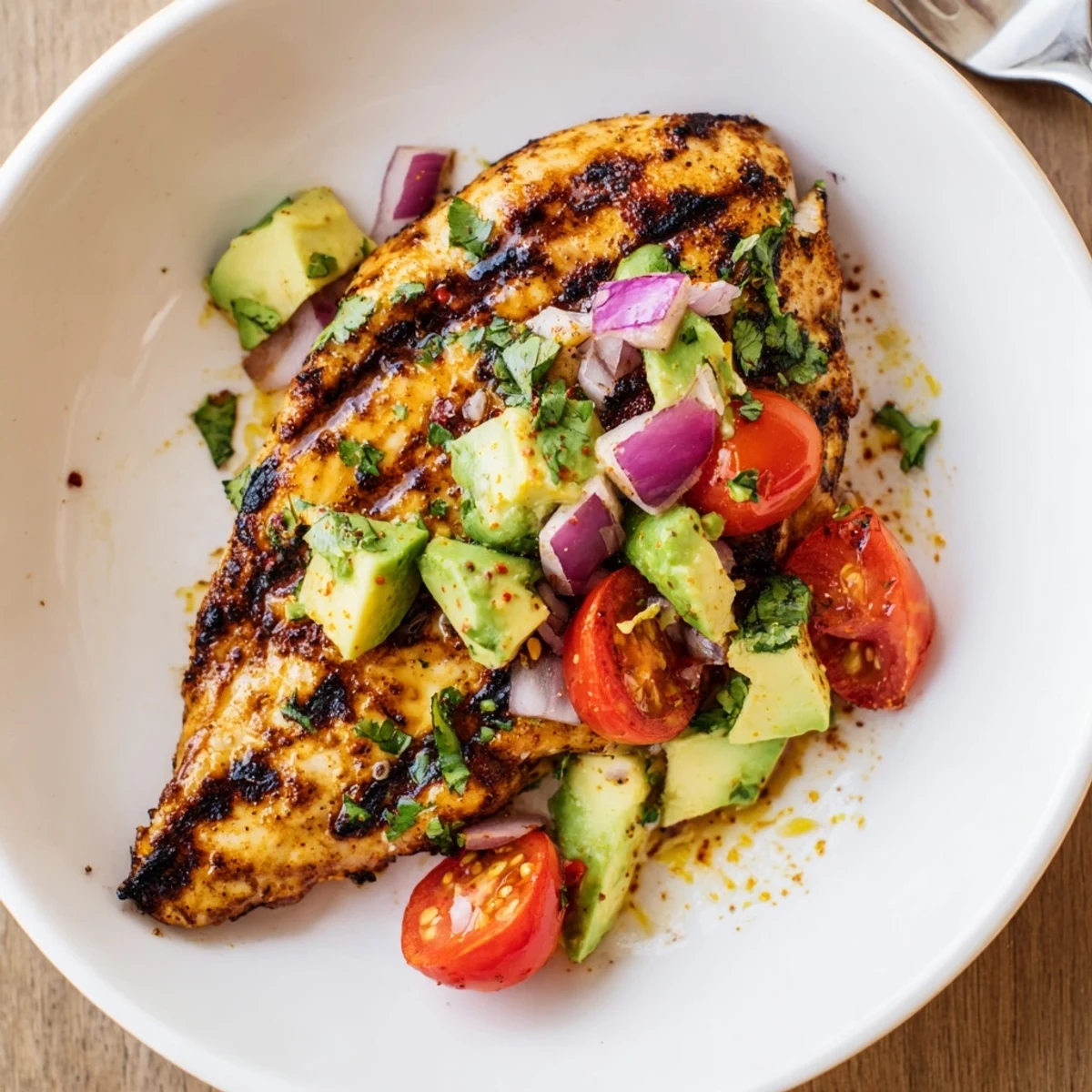 Charred Fiesta Lime Chicken With Avocado crowned by creamy tomato-cilantro salsa