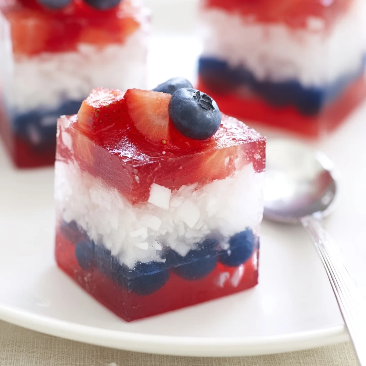 Close-up of layered Red White And Blue Ice Cubes Recipe showing juicy strawberries