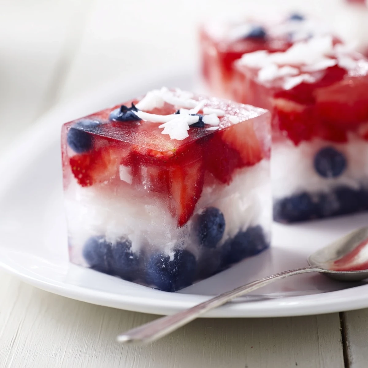 Glass of sparkling water topped with Red White And Blue Ice Cubes Recipe