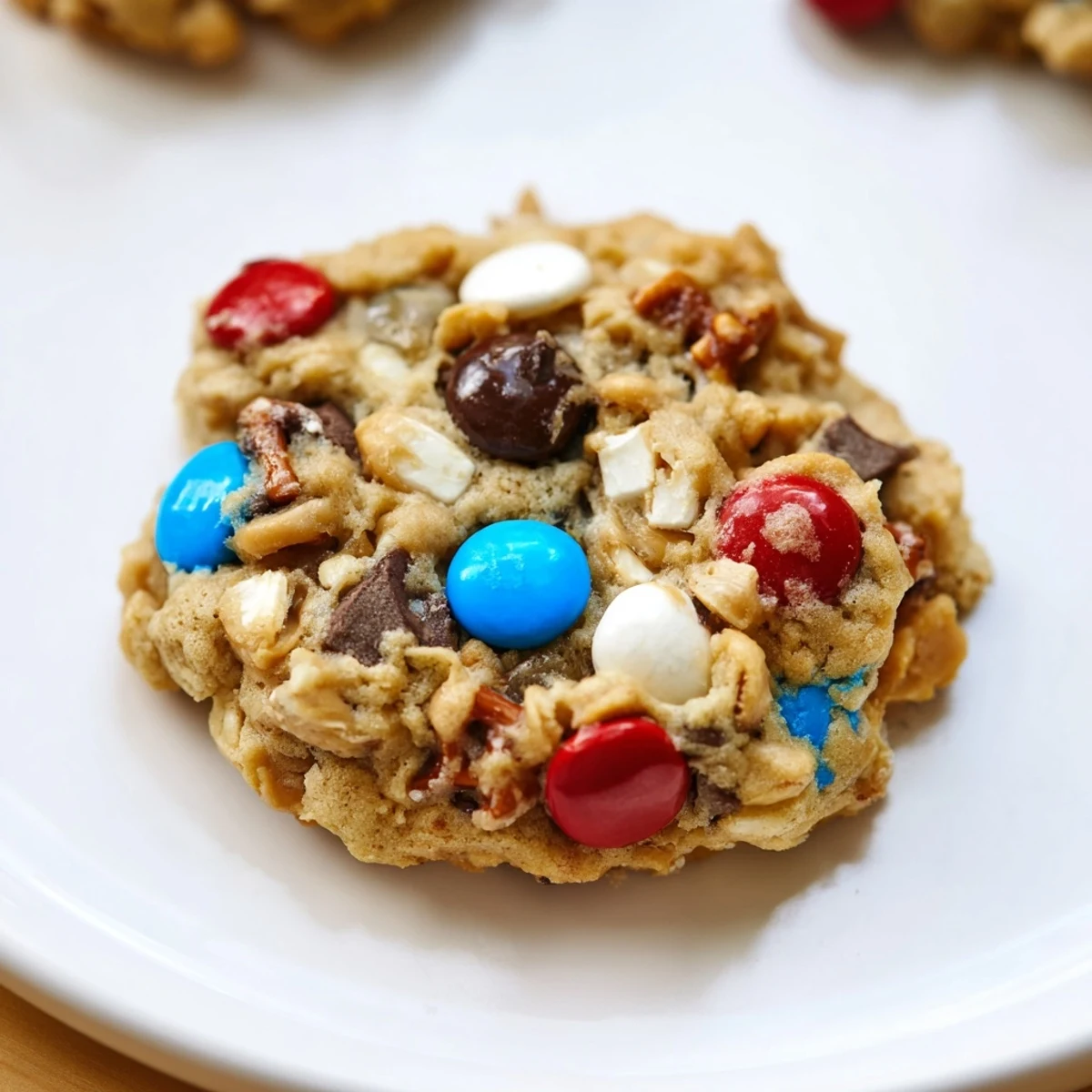 Patriotic Monster Cookies Recipe: chewy oat cookies studded with red, white, blue candies