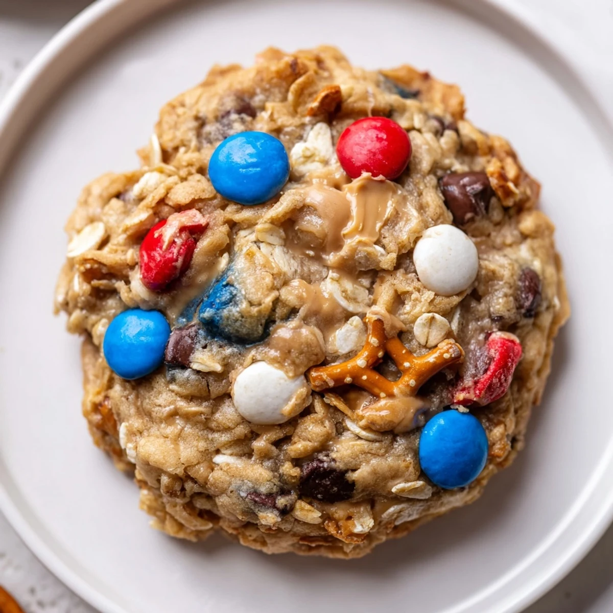 Fresh-baked Patriotic Monster Cookies Recipe cooling on rack, peanut butter aroma wafting