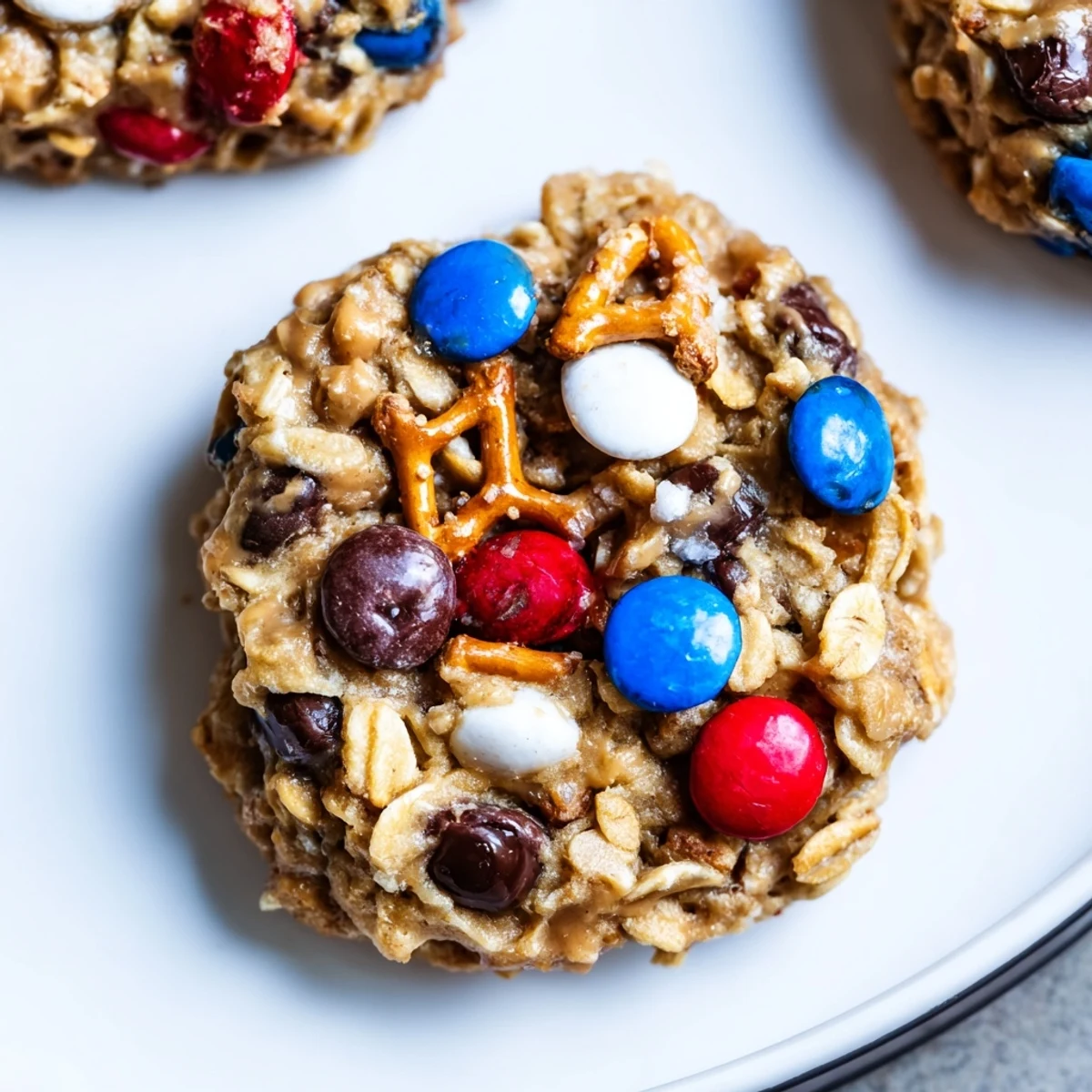 A plate of warm Patriotic Monster Cookies Recipe beside a cold glass of milk