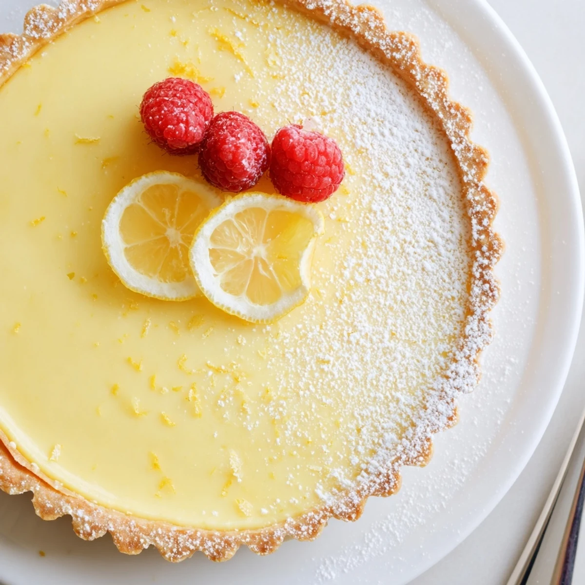 Slice of Creamy Lemon Tart Recipe on plate dusted with powdered sugar