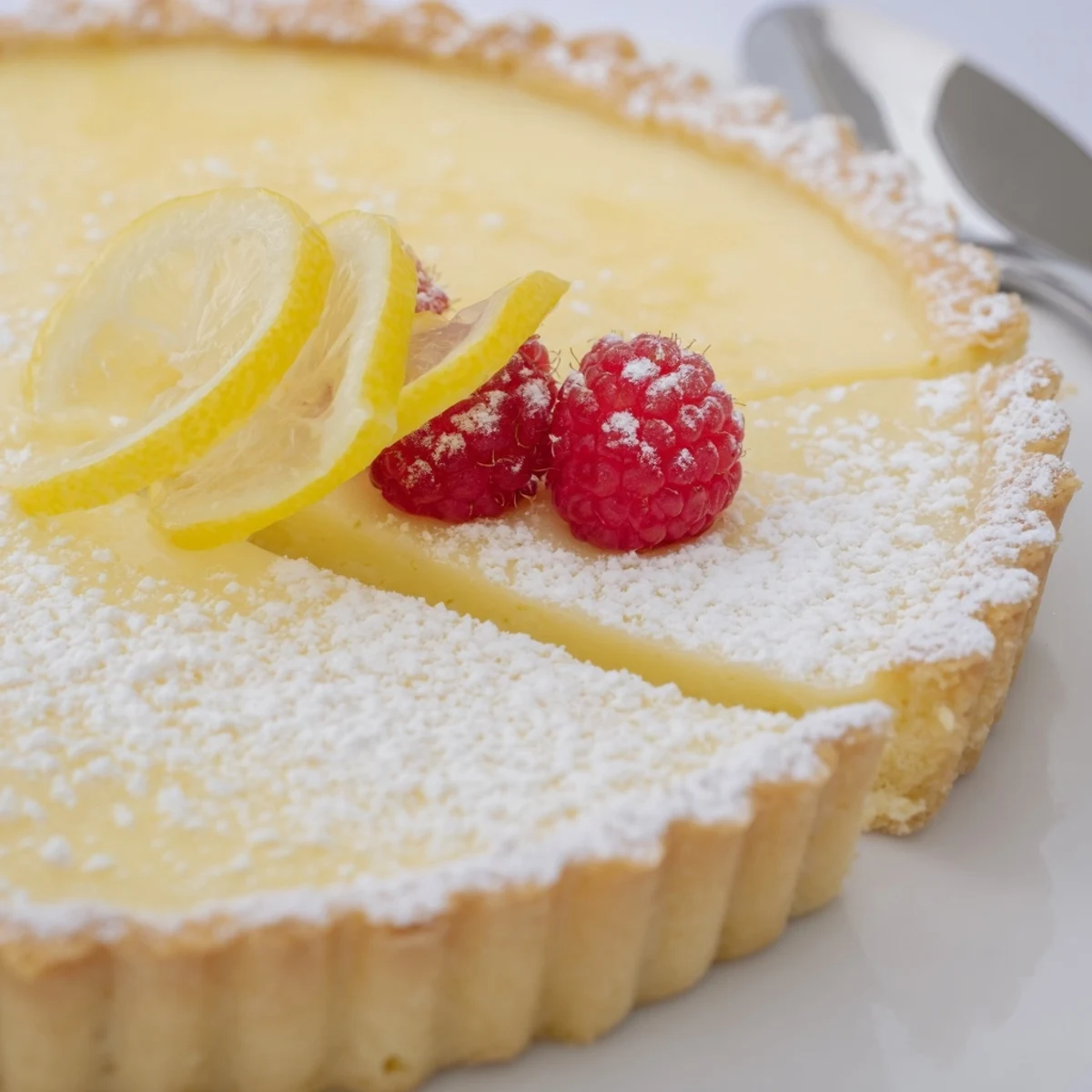 Freshly baked Creamy Lemon Tart Recipe cooling on rack, bright citrus aroma