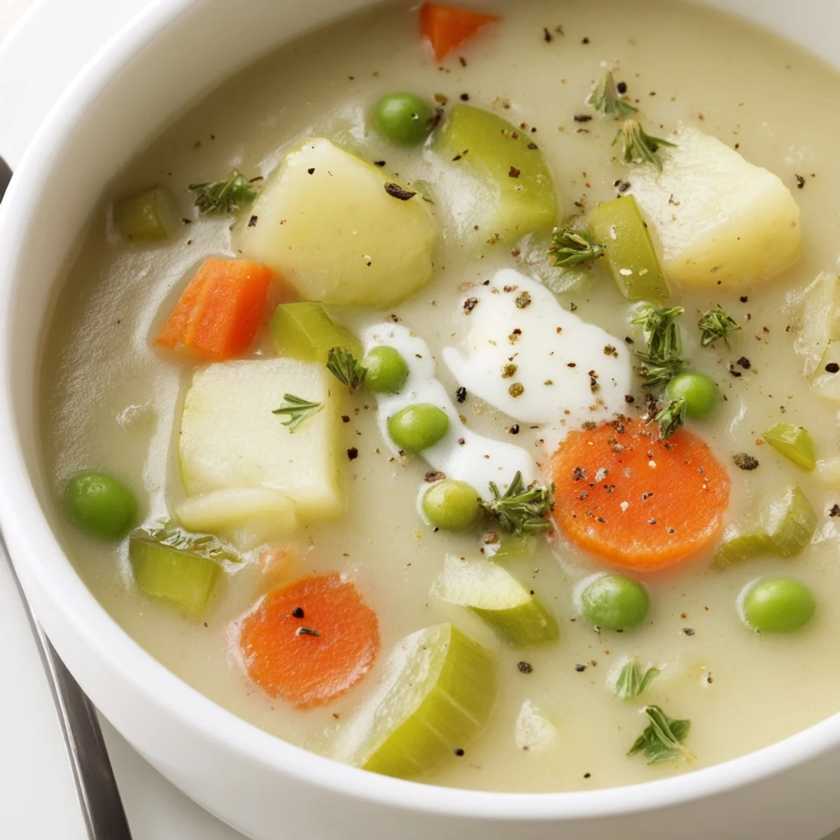 Steaming bowl of Creamy Vegetable Soup Recipe, velvety texture and parsley.