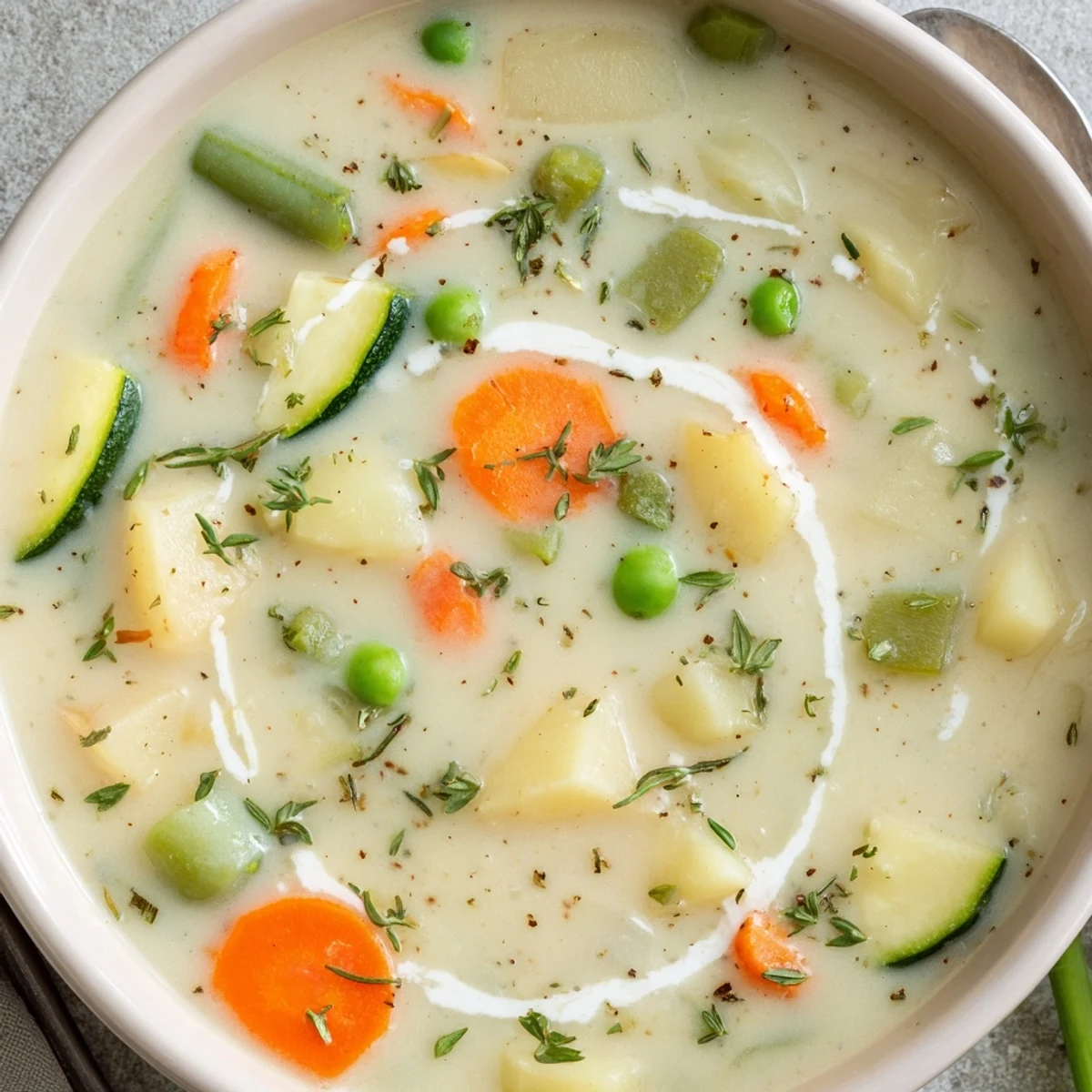 Hearty Creamy Vegetable Soup Recipe served hot with crusty bread slice.