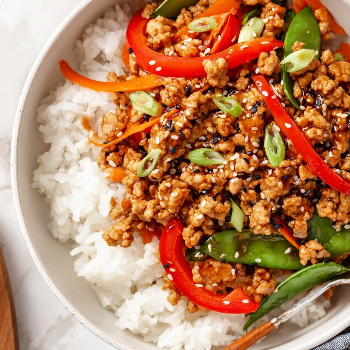 Teriyaki Turkey Rice Bowls steaming in ceramic bowls, glossy sauce, crisp vegetables.