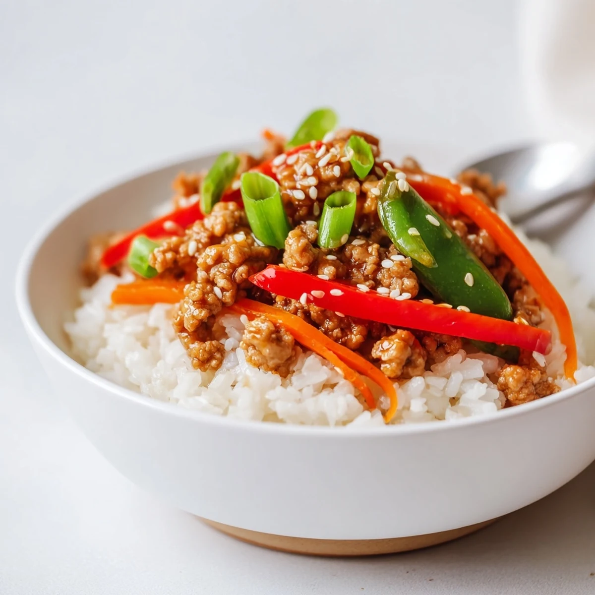 Aromatic Teriyaki Turkey Rice Bowls topped with sesame seeds and scallions.