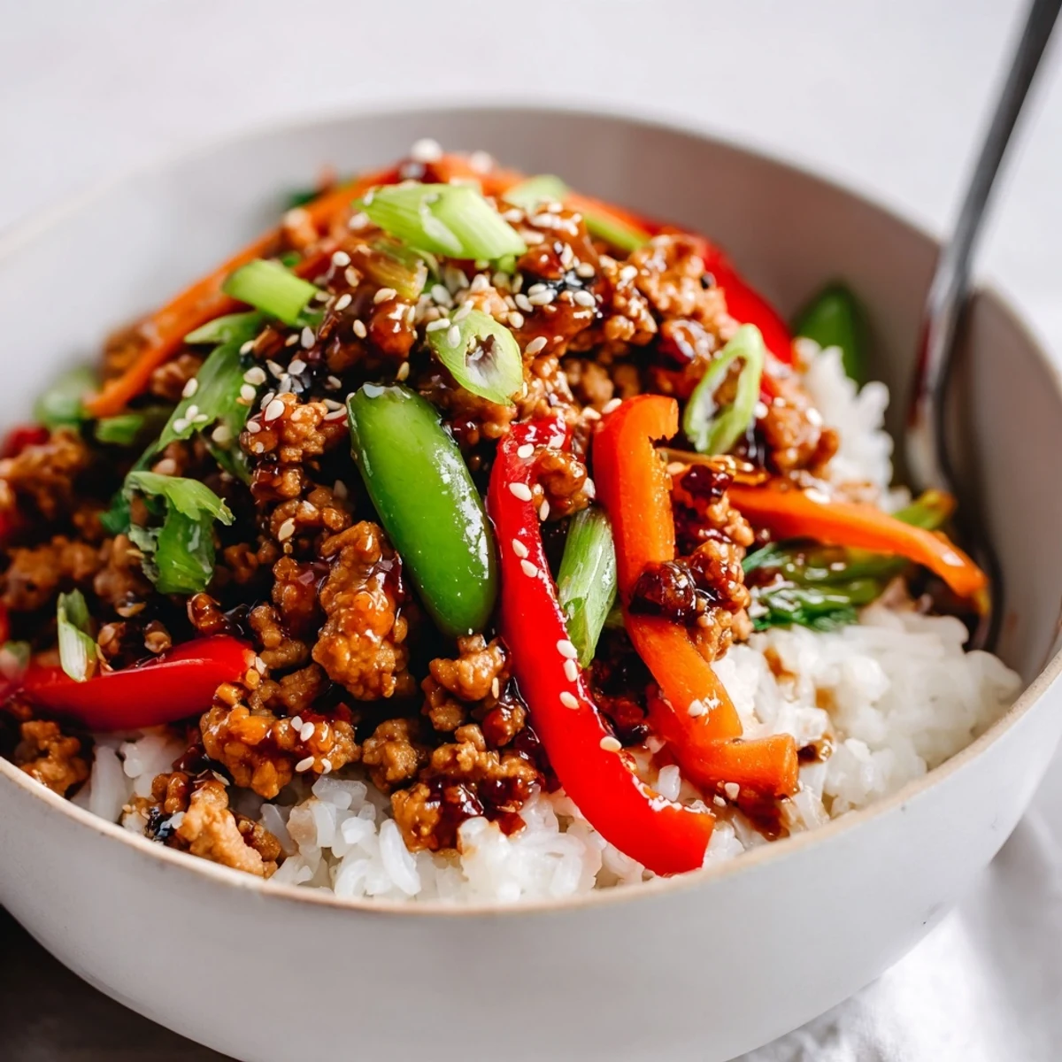 Teriyaki Turkey Rice Bowls served with a drizzle of sriracha.