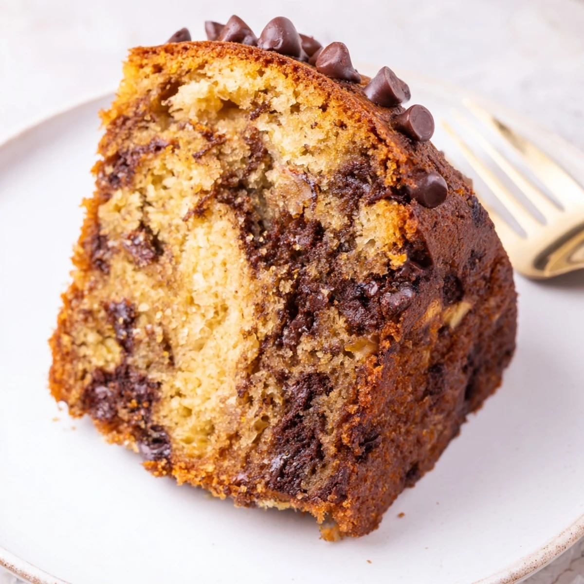 Homestyle Banana Chocolate Chip Cake Recipe cooling on wire rack, chocolate speckles