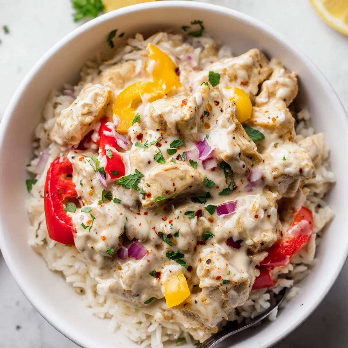 Steam rising from Creamy Cajun Chicken Rice Bowls garnished with lemon wedges