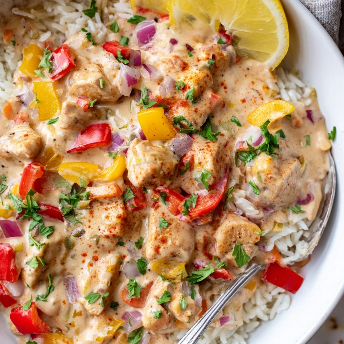 Perfect weeknight Creamy Cajun Chicken Rice Bowls topped with vibrant peppers and parsley
