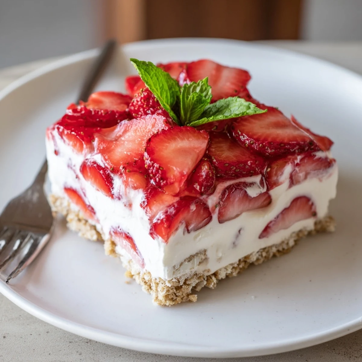 No Bake Strawberry Shortcake Dessert with creamy layers, juicy strawberries, chilled