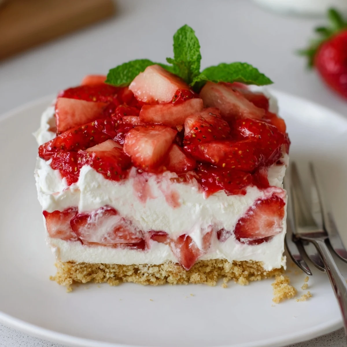Chilled No Bake Strawberry Shortcake Dessert layered over graham crumbs and mint