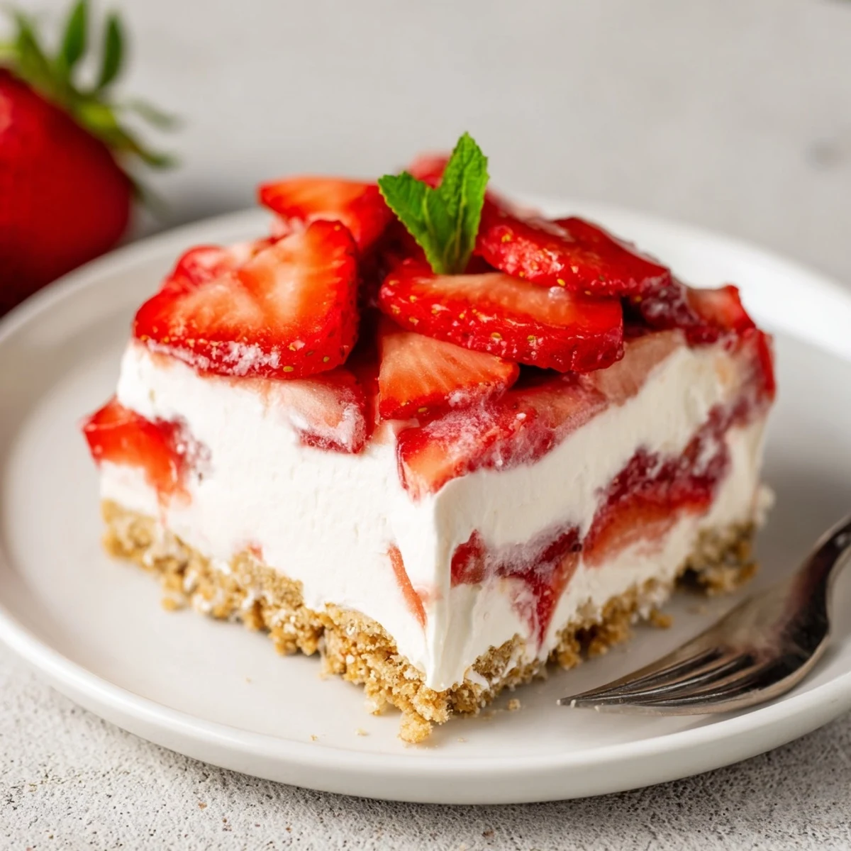 Easy No Bake Strawberry Shortcake Dessert set overnight, served cold with syrup