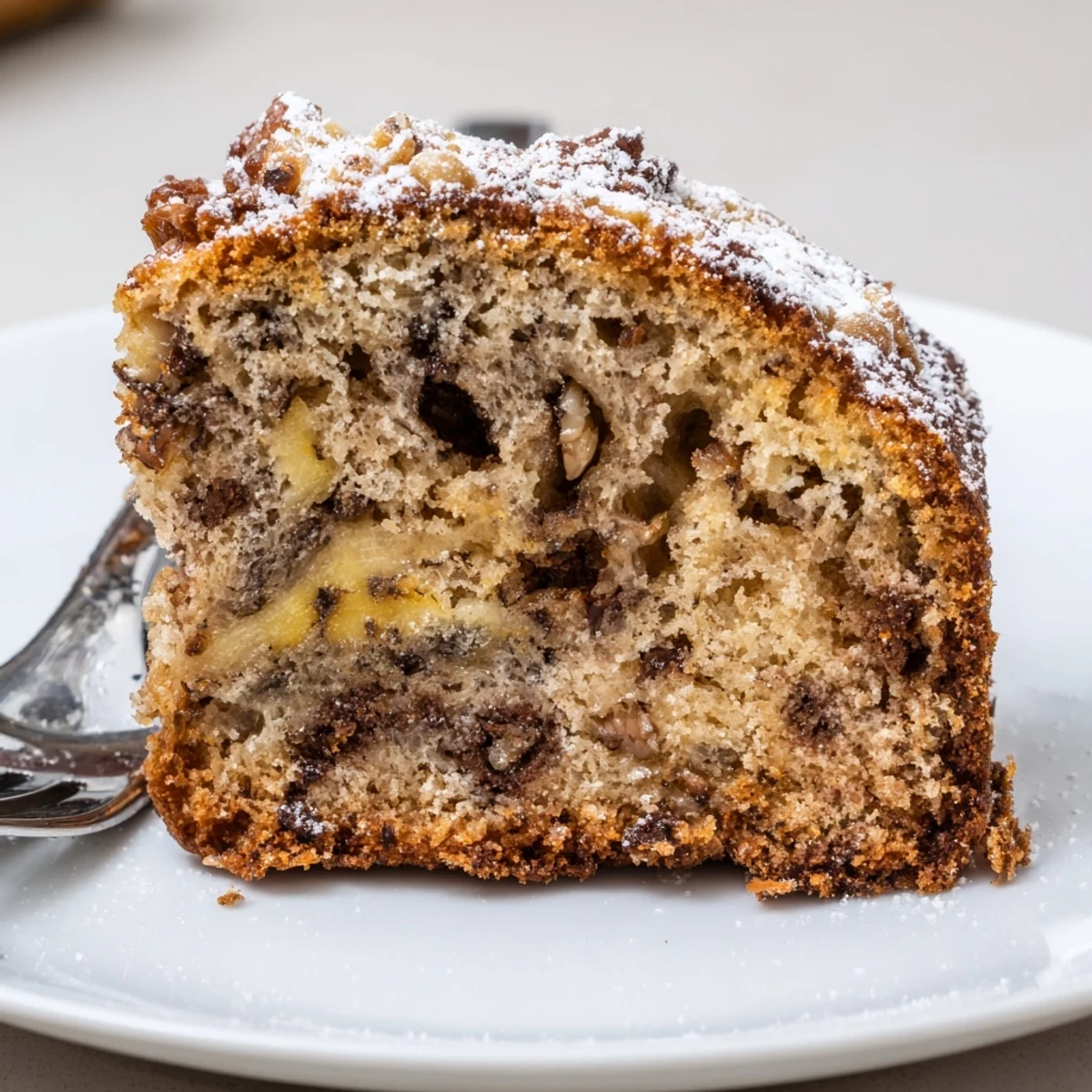 Rustic Banana Bread Cake studded with chocolate chips and toasted pecans