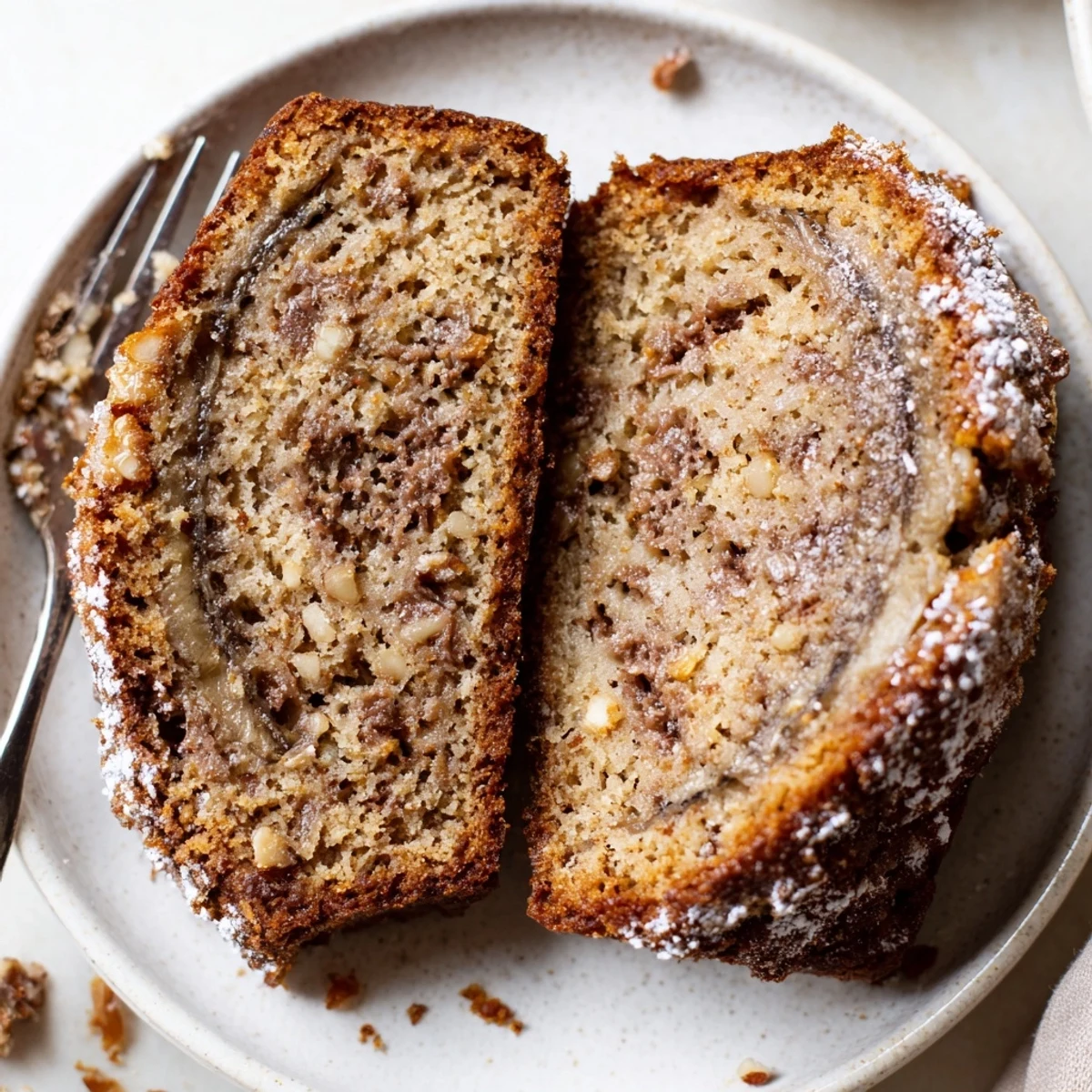 Sliced Banana Bread Cake served with melting vanilla ice cream and cinnamon