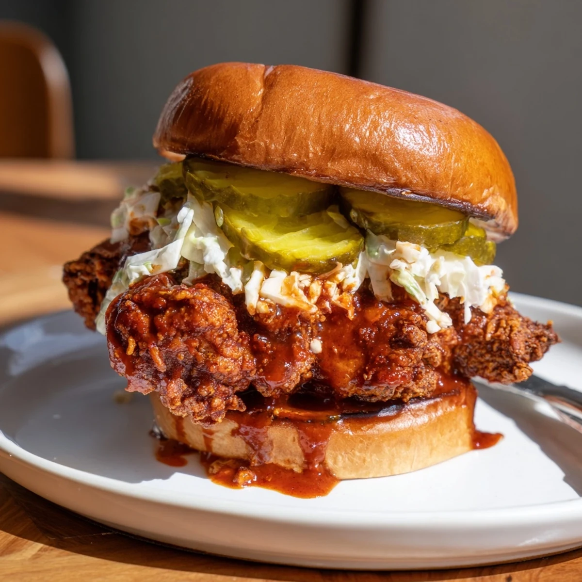 Buttery toasted bun holds Spicy Nashville Hot Chicken Sandwiches Recipe To Savor, creamy slaw