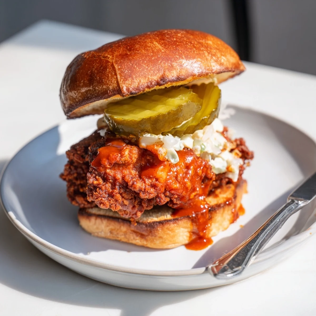 Crispy, fiery chicken sits layered in Spicy Nashville Hot Chicken Sandwiches Recipe To Savor