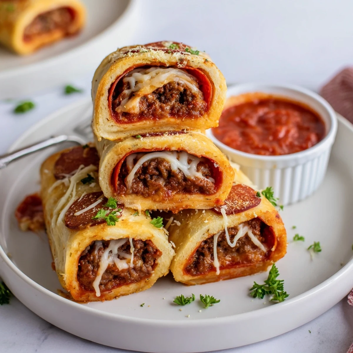 Cheesy Beef Pepperoni Pizza Roll Ups steaming, golden-brown, served with marinara dip