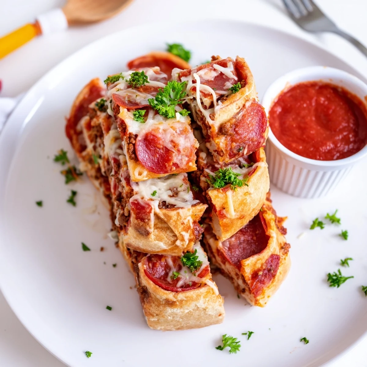 Fresh-baked Cheesy Beef Pepperoni Pizza Roll Ups cooling on parchment, basil garnish