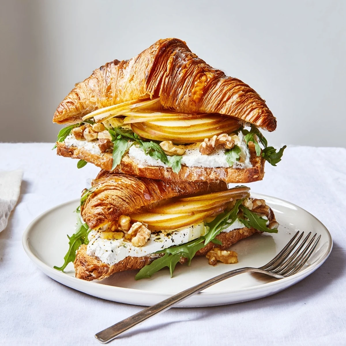 Apple Goat Cheese Croissant Sandwich drizzled with honey, crunchy walnuts, baby spinach