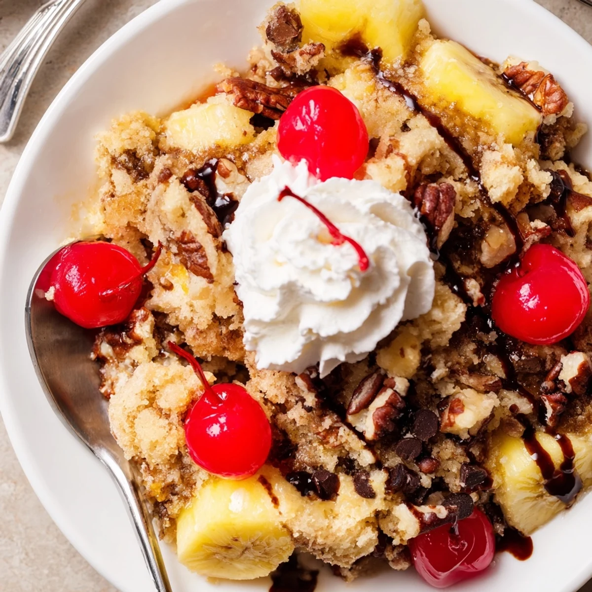 Warm Banana Split Dump Cake bubbling in dish, bananas, chocolate, cherries visible