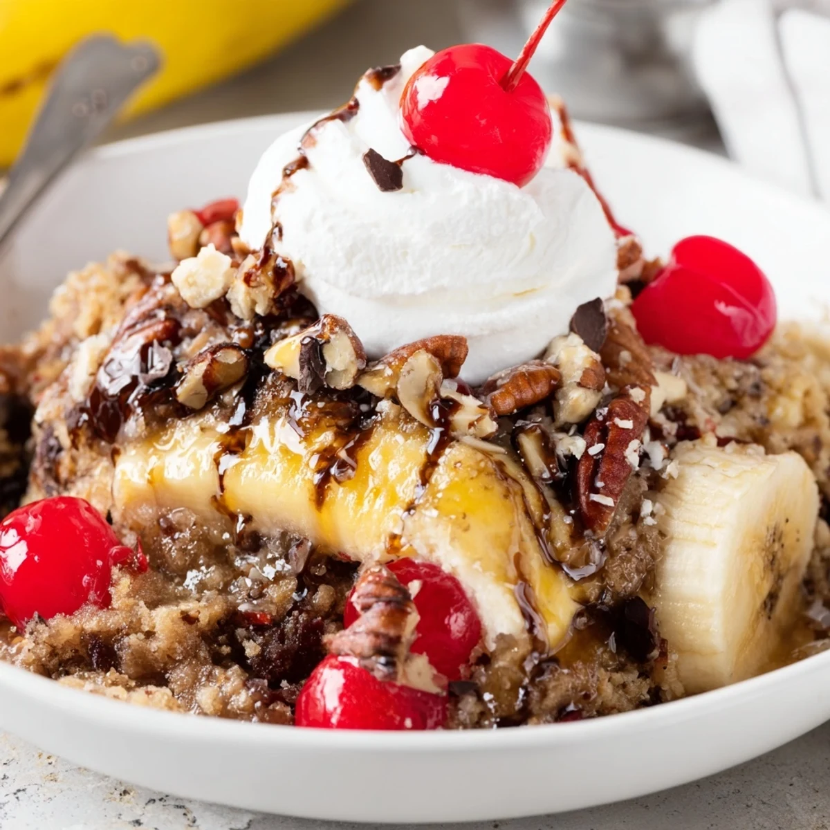 Sliced bananas and pineapple beneath golden Banana Split Dump Cake, topped with whipped cream