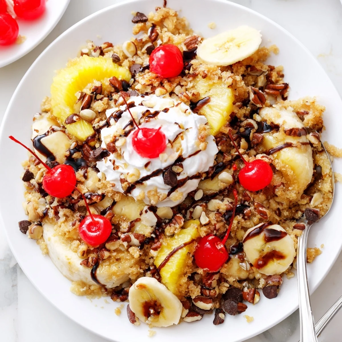 Close-up of drizzled Banana Split Dump Cake with chocolate chips and cherry garnish