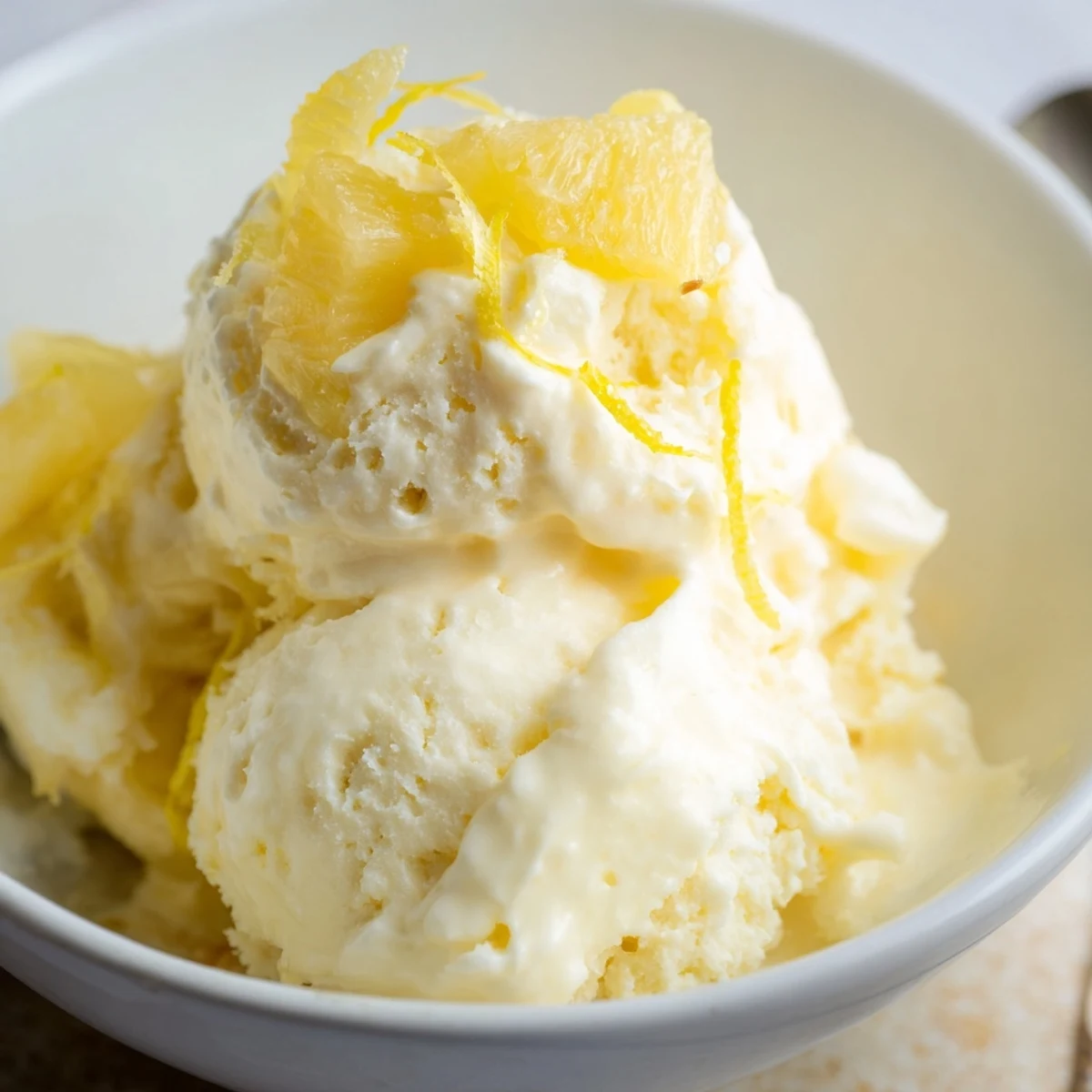 Creamy Pineapple Ice Cream scoops with golden fruit swirls, chilled summer dessert