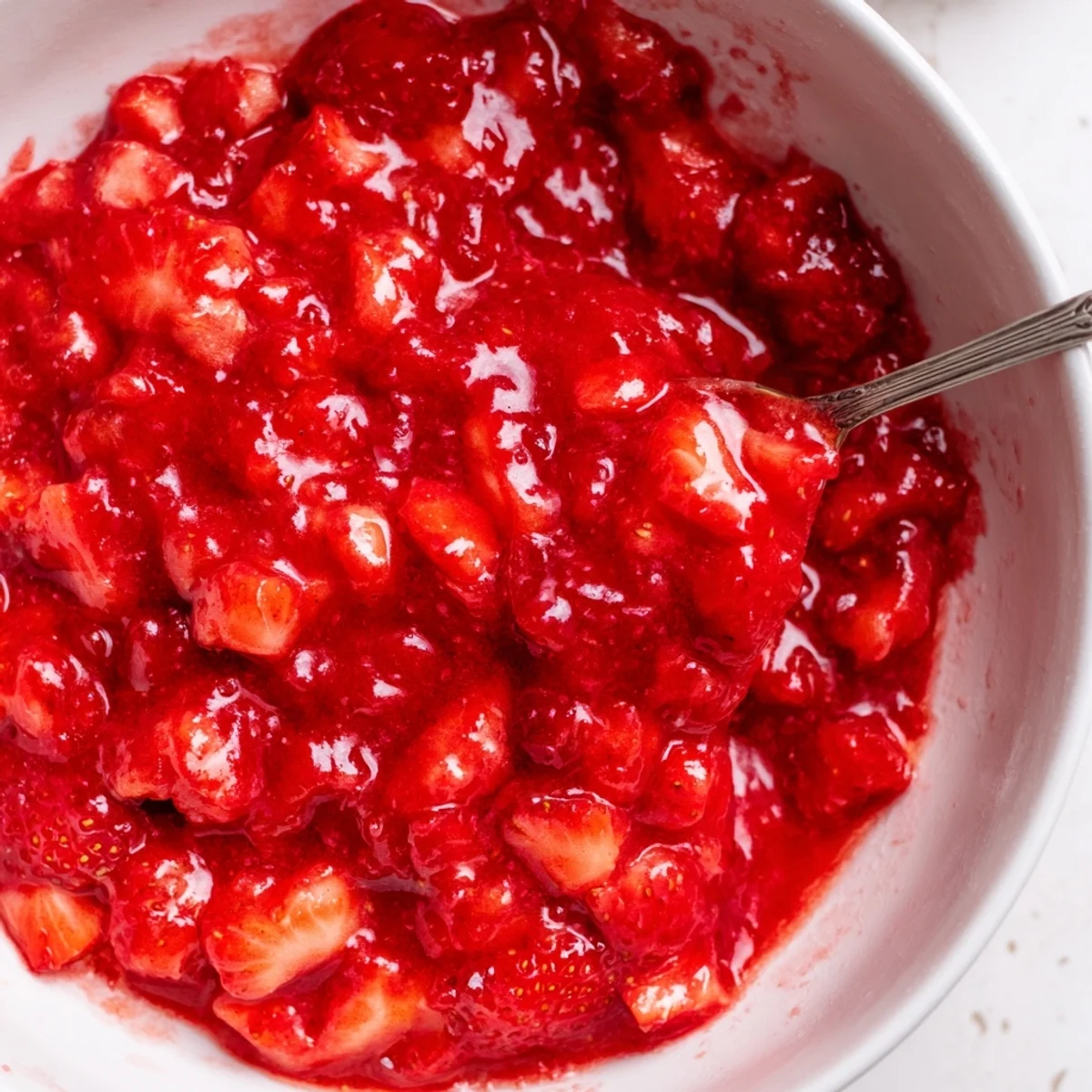 Fresh strawberry chunks and velvety syrup spooned, Strawberry Cake Filling Recipe for cupcakes