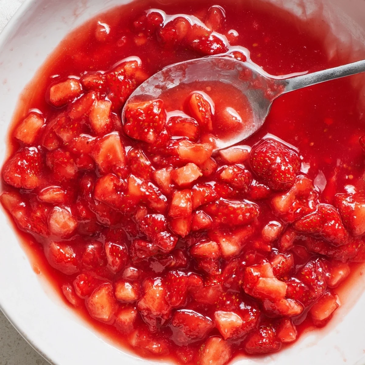 Sweet-tart thickened filling resting in jar — Strawberry Cake Filling Recipe for layering