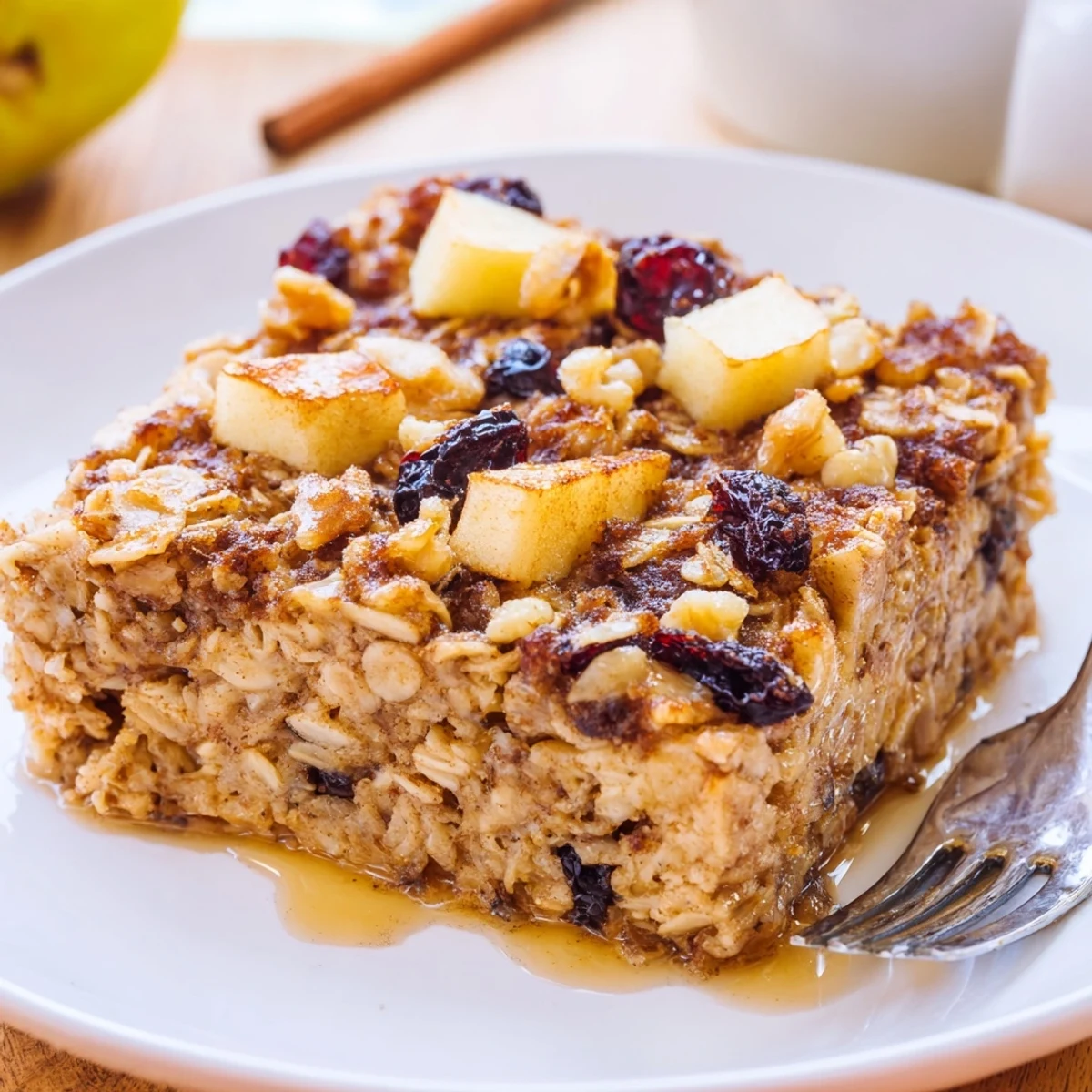 Steaming Delicious Apple Cinnamon Oatmeal Bake Recipe For Mornings, studded with caramelized apples.  