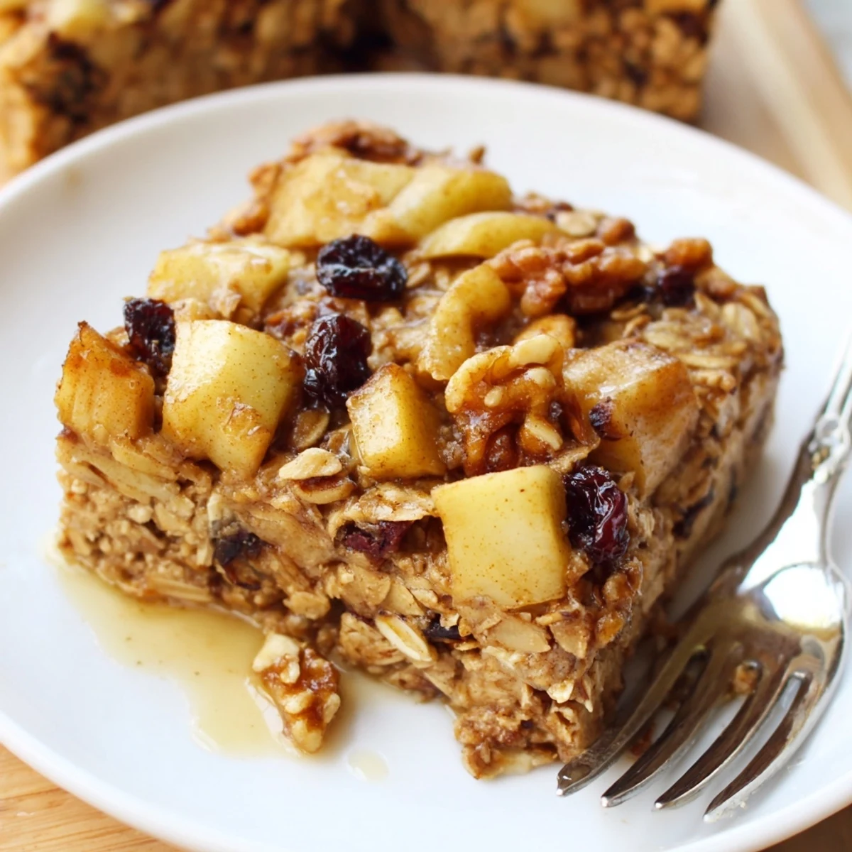 Golden Delicious Apple Cinnamon Oatmeal Bake Recipe For Mornings, topped with crunchy pecans.  