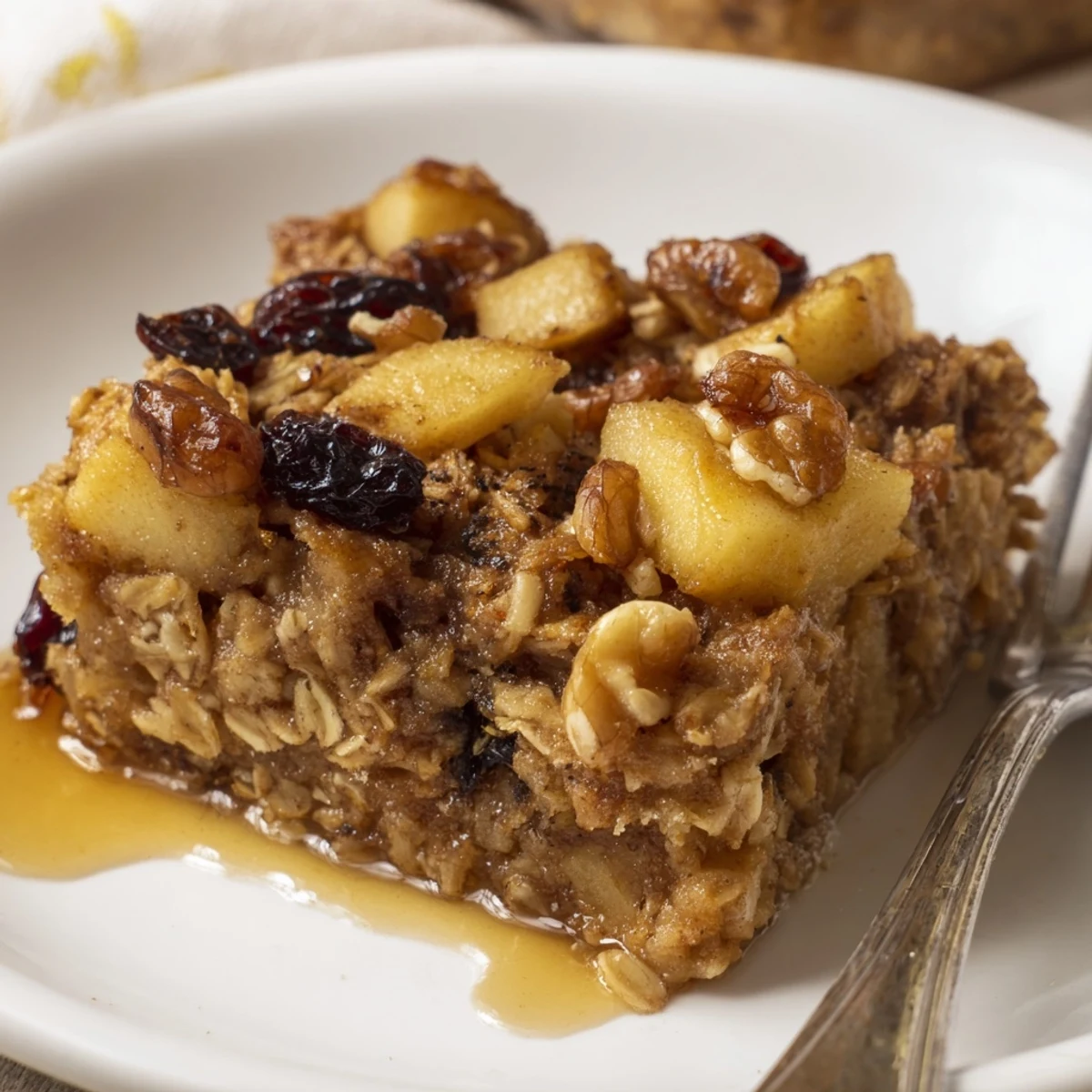 Slice of Delicious Apple Cinnamon Oatmeal Bake Recipe For Mornings served warm with yogurt.