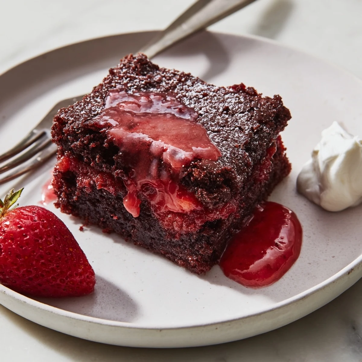 Warm, fudgy Strawberry Brownies Recipe sliced with glossy strawberry glaze, served.