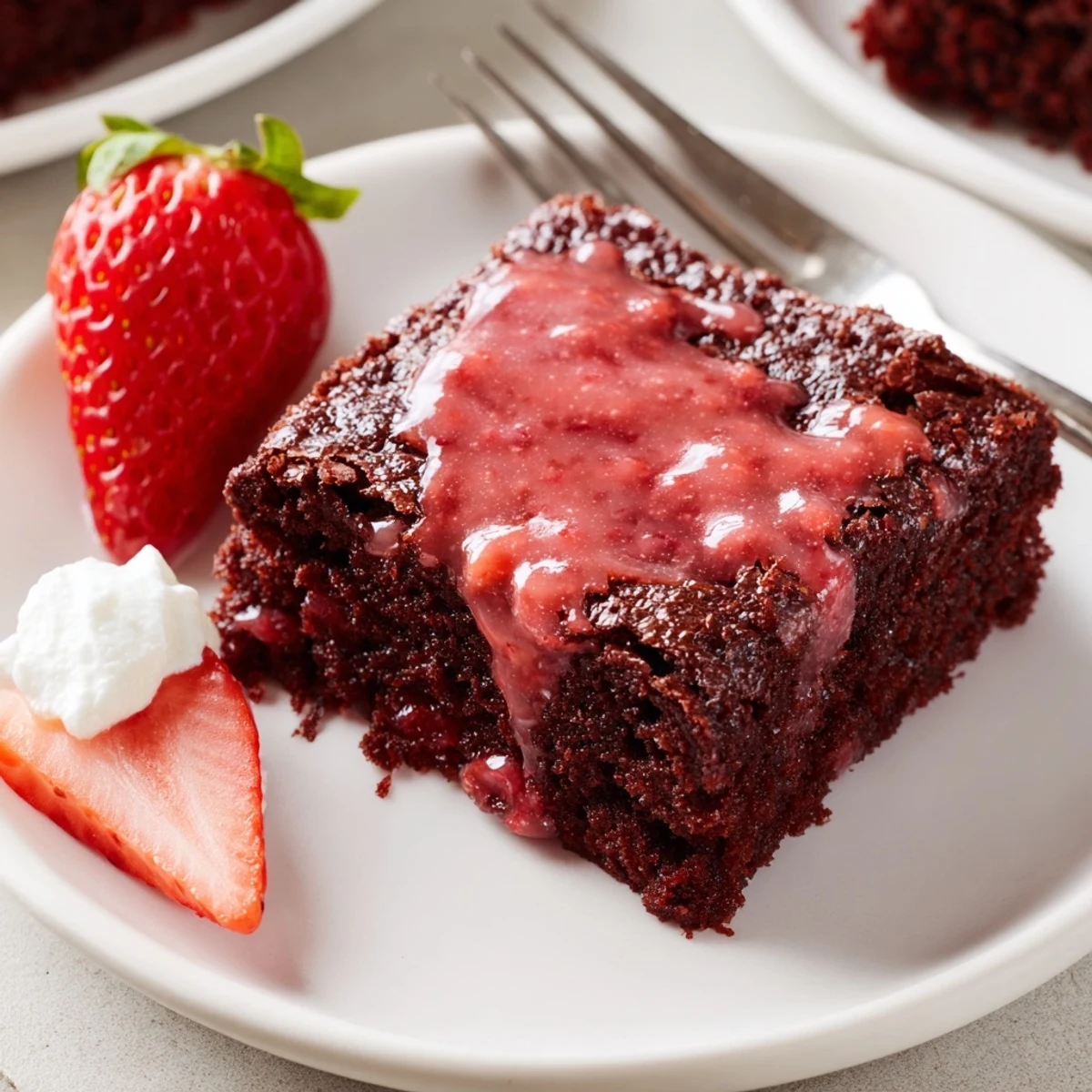Decadent squares from Strawberry Brownies Recipe garnished with sliced strawberries, powdered sugar.