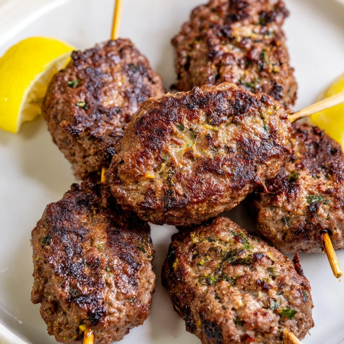 Juicy ground Lamb Kofta Kebabs rest on a platter, garnished with fresh mint and lemon wedges for serving.