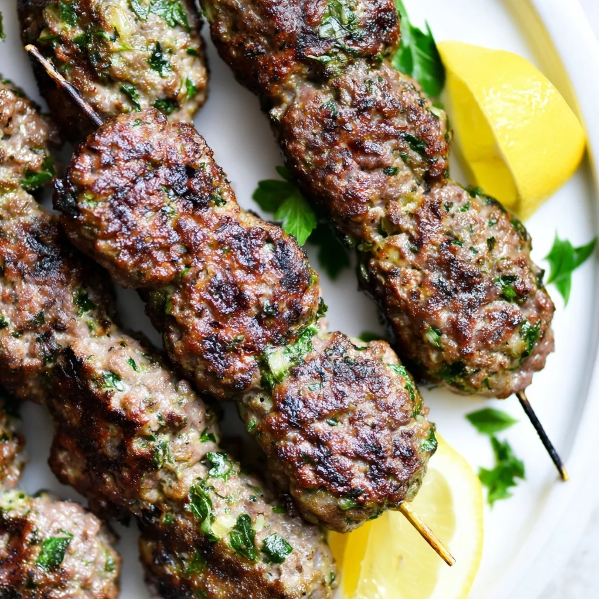 Golden brown Lamb Kofta Kebabs grill on skewers, glistening with olive oil and aromatic Middle Eastern spices.