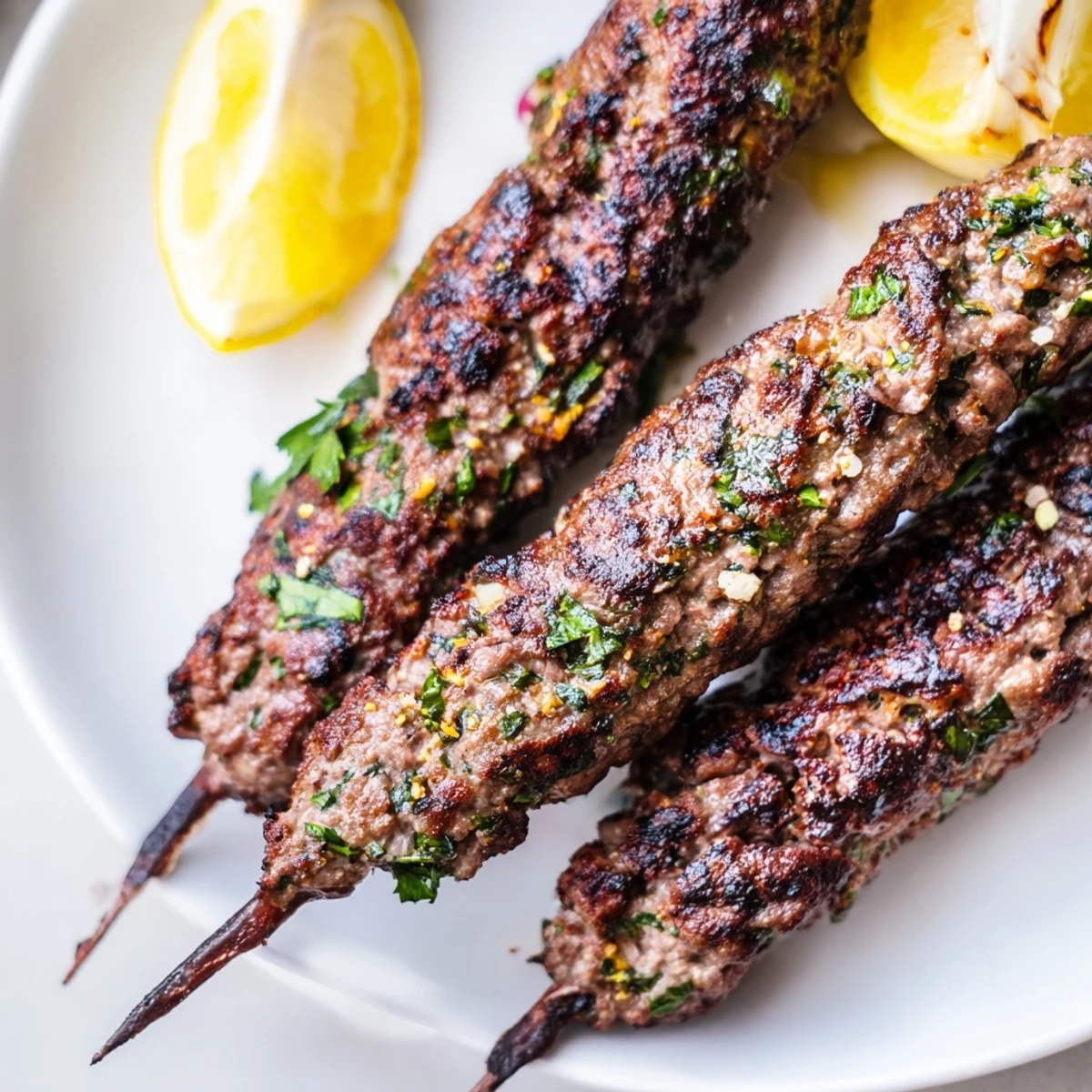 Perfectly grilled Lamb Kofta Kebabs display charred edges and tender texture alongside flatbread and creamy yogurt dip.