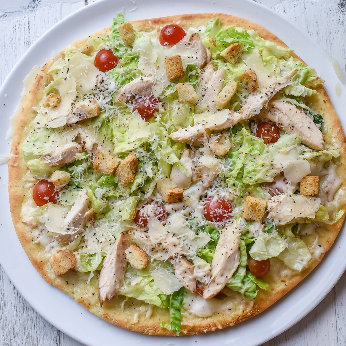 Crispy Chicken Caesar Salad Pizza topped with fresh romaine, melted mozzarella, and savory Caesar dressing