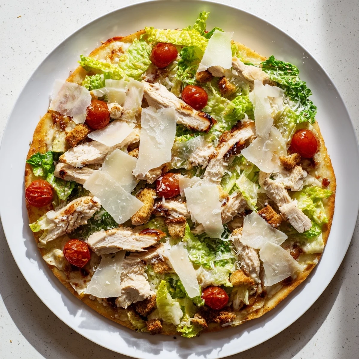 Golden pizza crust layered with seasoned chicken and cheesy Caesar salad for a satisfying fusion meal