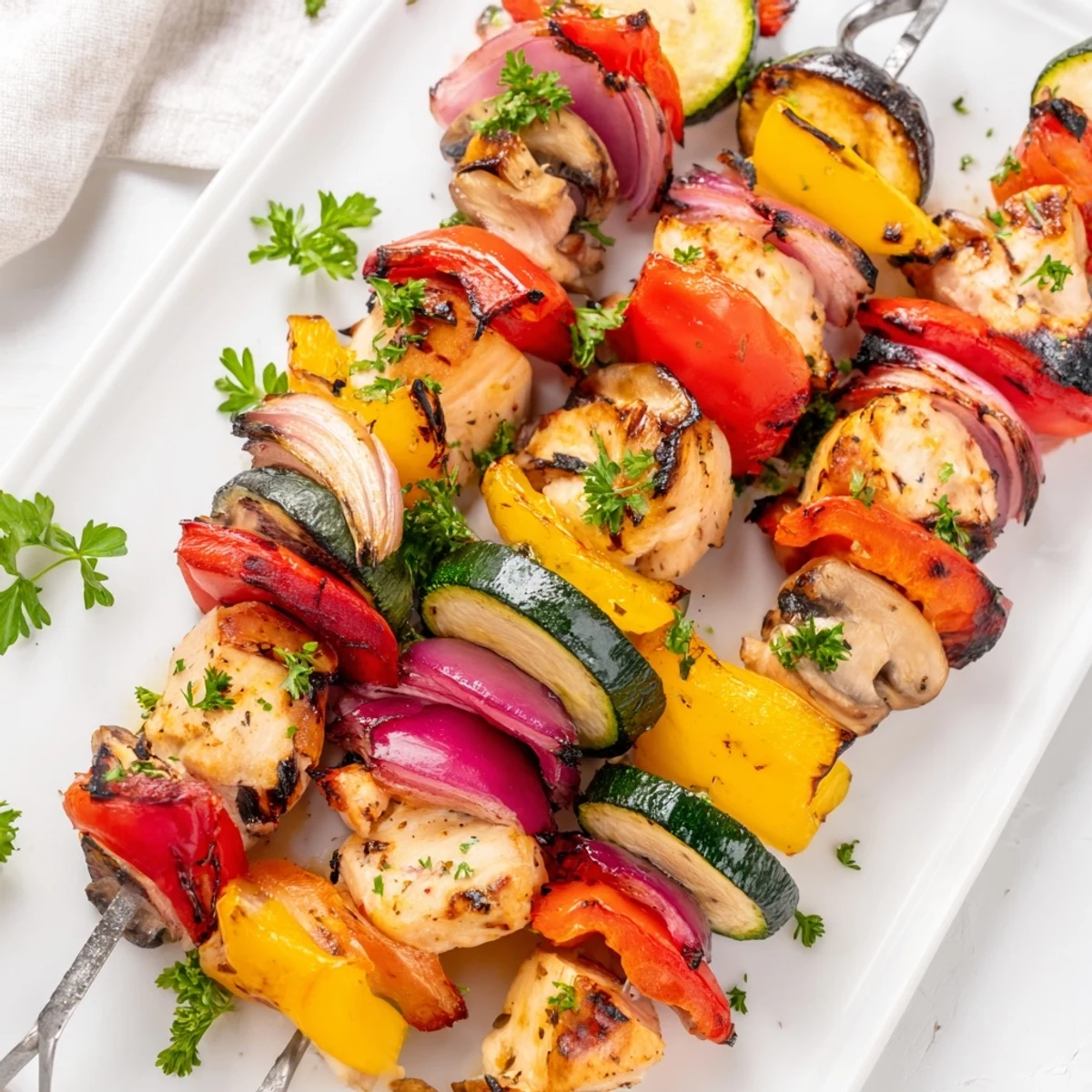 Golden grilled chicken kabobs with colorful vegetables skewered and lightly charred to perfection