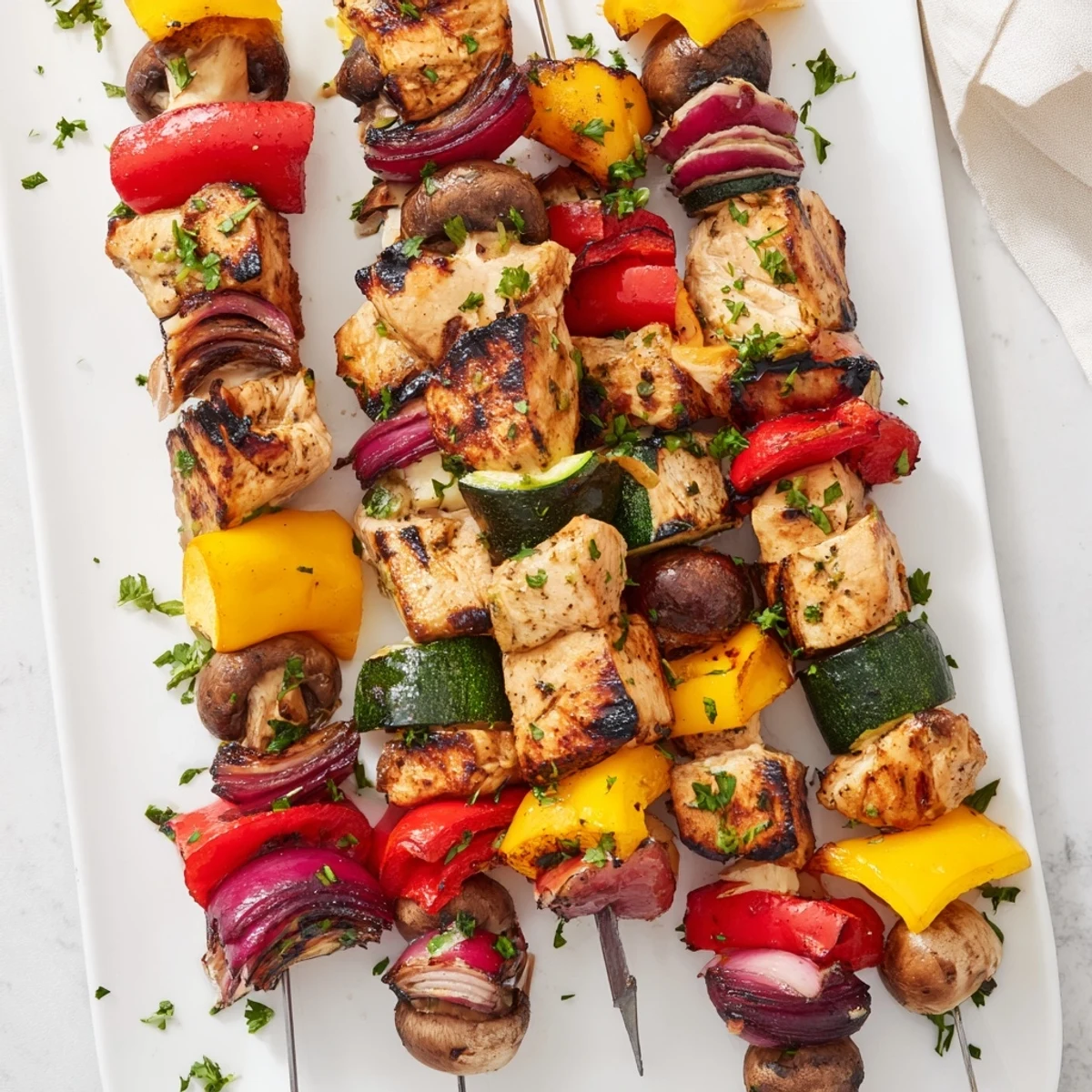 Colorful grilled chicken kabobs featuring peppers onions and zucchini served on a white platter